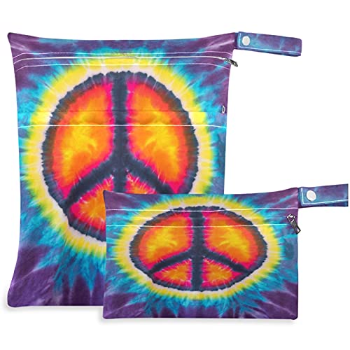 visesunny Abstract Peace Sign Design Tie Dye 2Pcs Wet Bag with Zippered Pockets Washable Reusable Roomy Diaper Bag for Travel,Beach,Daycare,Stroller,Diapers,Dirty Gym Clothes,Wet Swimsuits,Toiletries