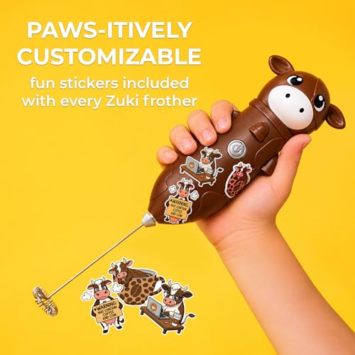 Image of Zulay Kitchen Cow Milk Frother Wand - Cutesy Frother, Meet Your New Frothing Buddy Chocolate The Cow, Adoption Papers and Stickers Included, Purrr-fect for Lattes, Cappuccino & Matcha - Brown
