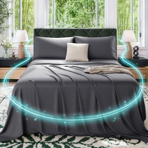 SONORO KATE Silver Infused Bed Sheets 100% Viscose Derived from Bamboo_ Self-Cleaning Technology Breathable & Cooling Sheets Hypoallergeni 3X Freshness Sleep 16 Deep - 4PC (Dark Grey Queen)