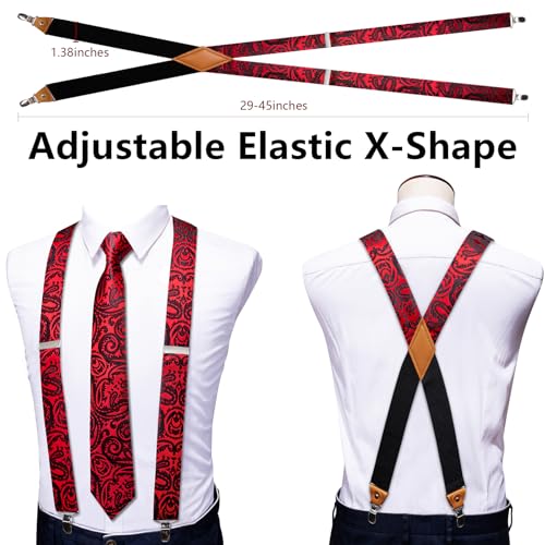 Image of Barry.Wang Men Suspender Set with Necktie Elastic Y Type Heavy Duty 6 Clips Braces Tie Handkerchief Cufflink Pin 6PCS
