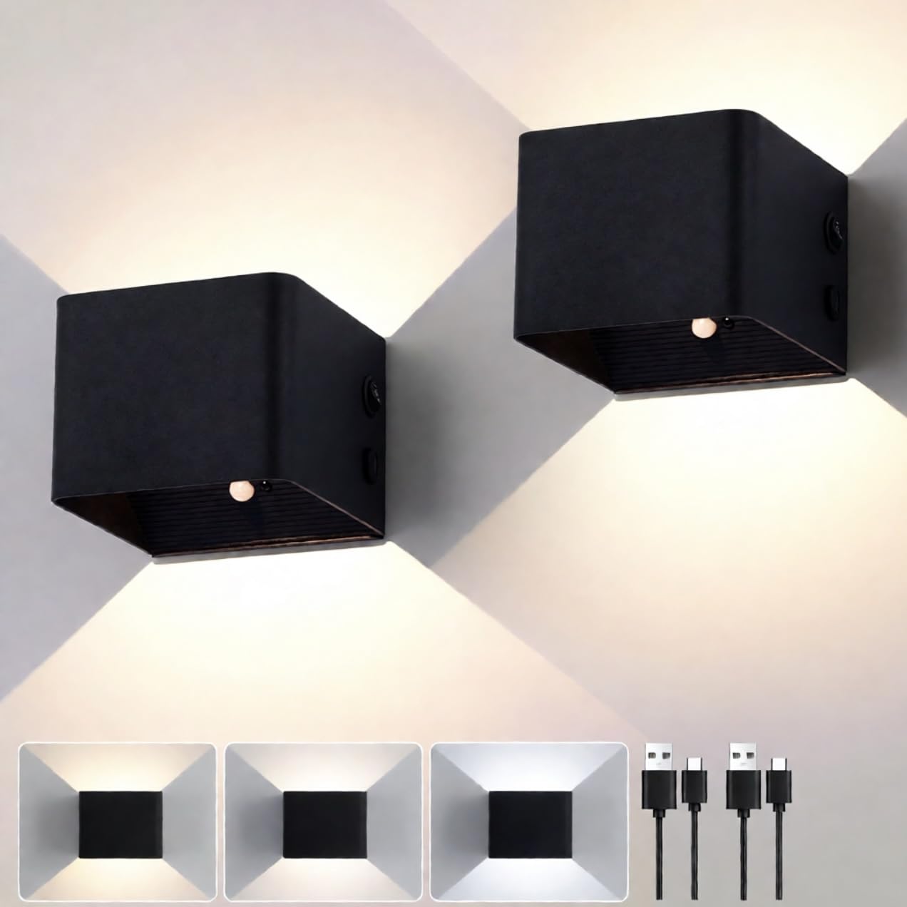 FUPE Akku Wandlampe Innen mit Bewegungssensor,Fernbedienung,Wandlicht Up and Down Innen LED Wandleuchte 3 Modi Wiederaufladbare Batteriebetriebene Wandlampen 2Stück,Schwarz