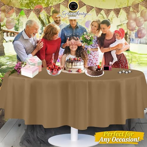 Image of Grandipty Plastic Table Cloth Disposable 12 Pack 84 inch Round Gold | Plastic table covers, durable disposable tablecloths, fade and tear-resistent table cover for party, event