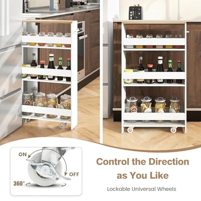JIMUOO 4-Tier Slim Storage Cart, Rolling Utility Cart Storage Organizer with Handle & 360¡ã Wheels, Narrow Mobile Shelving Unit Slide Out Cart for Kitchen/Bathroom/Laundry, White-QCDPhMVM