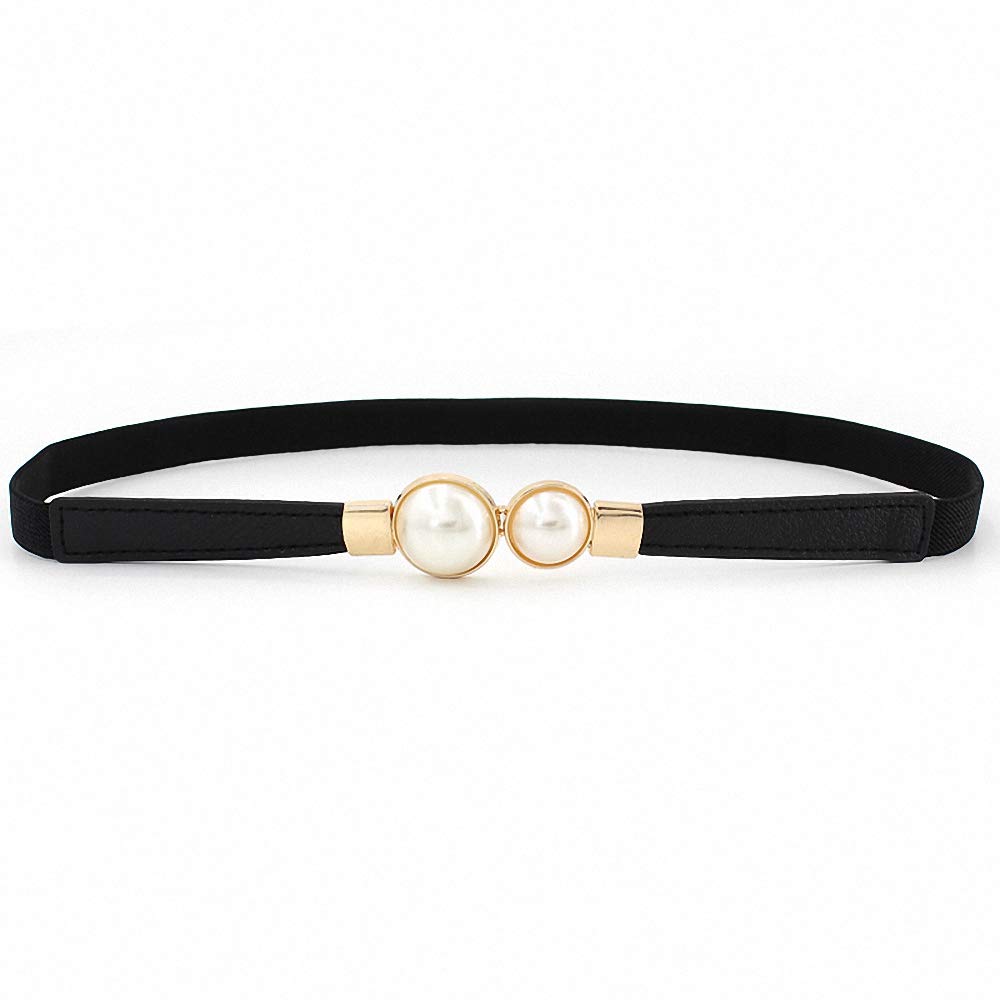 Ulalaza Women Skinny Elastic Waist Belt,Pearl Interlocking Buckle Thin Waistband for Ladies Dress Decorative Belts