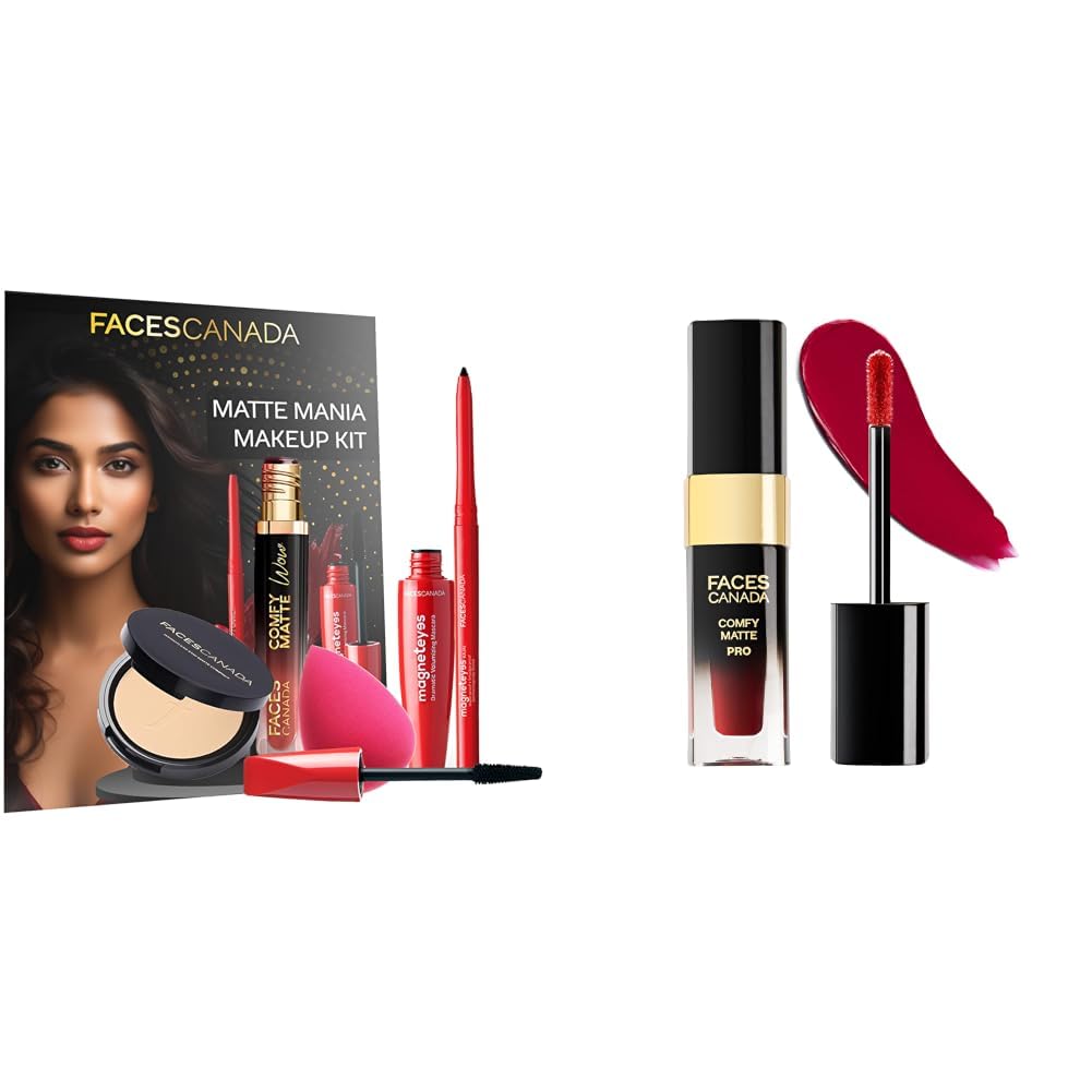 FACESCANADA Matte Mania Makeup Kit - Kajal (0.35g) + Lipstick (3.8ml) + Compact (9g) + Mascara (9.5ml) + Beauty Blender & Comfy Matte Pro Liquid Lipstick - Revival Maroon 14, 5.5 ml-image-17