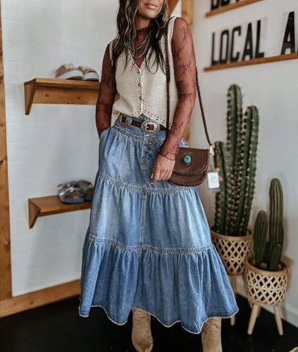 chouyatou Women's Boho Frayed Tiered Denim Skirt Pleated Ruffle A Line Swing Skirt Y2k Maxi Long Jean Skirt3