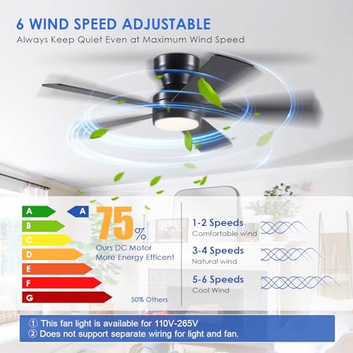 Black Ceiling Fans with Lights - 46" Flush Mount Ceiling Fan with Remote and 5 Reversible Blades, 3CCT Dimmable, 6 Wind Speeds&2H Timer, Indoor Low Profile Fan Light Fixture for Modern Bedroom - Image 2