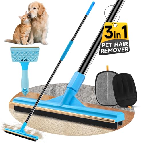 CENOVE 3 in 1 Carpet Rake Kit for Pet Hair Removal Tool Reusable Pet Hair Remover Broom with Long Handle Dog & Cat Carpet Scraper Pet Hair Remover for Rugs Mats Couch Curtains