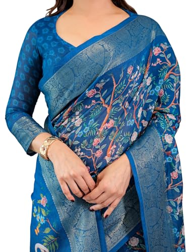 Image of ALMAARI FASHION Handloom Cotton Saree, Royal Blue with Floral Bird Print, Silver Zari Border, 5.5 Metres