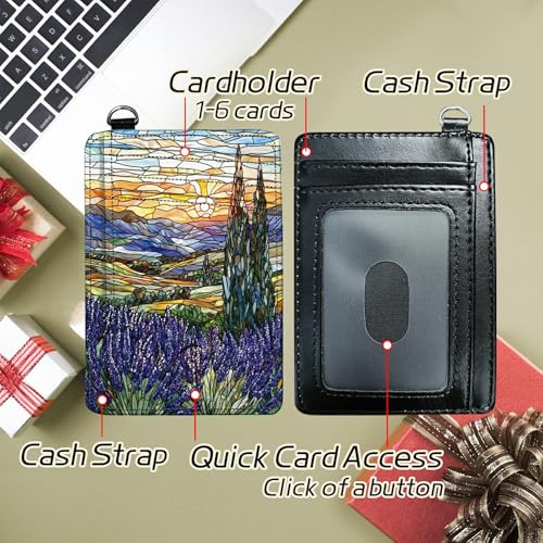 Image of Small Travel Wallets, Stained Glass Lavender Slim Minimalist Front Pocket Wallet with Wristlet, RFID Blocking PU Leather Credit Card Holder with ID Window Change Purse for Men Women