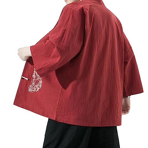 Image of Mens Kimono Cardigan Cotton Linen Japanese Shirt 3 /4 Sleeve Haori Yukata | Skin-Friendly Solid Color Lightweight Shawl Collar Kimono Robe Embroidery Button Tie Pockets Happi Coat All Season Daily Wear