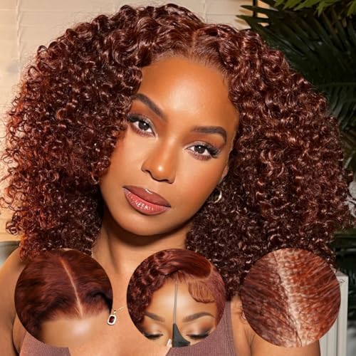 Image of Sunber Reddish Brown Afro Kinky Curly Human Hair Wig Pre Everyting 16inch | 7X5 HD Wigs With Drawstring Bye Bye Knots Pre Cut Lace 200% Density Put On Go Pre Plucked Pre Bleached Invisible Knots 16Inch
