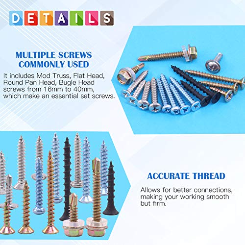 Glarks 320Pcs Mixed Self Drilling Screws and Self Tapping Screws Assortment Kit 16 Different Types Wood Screws, Sheet Metal Screws and Drywall Screws for Wood, Sheet Metal and Drywall Use