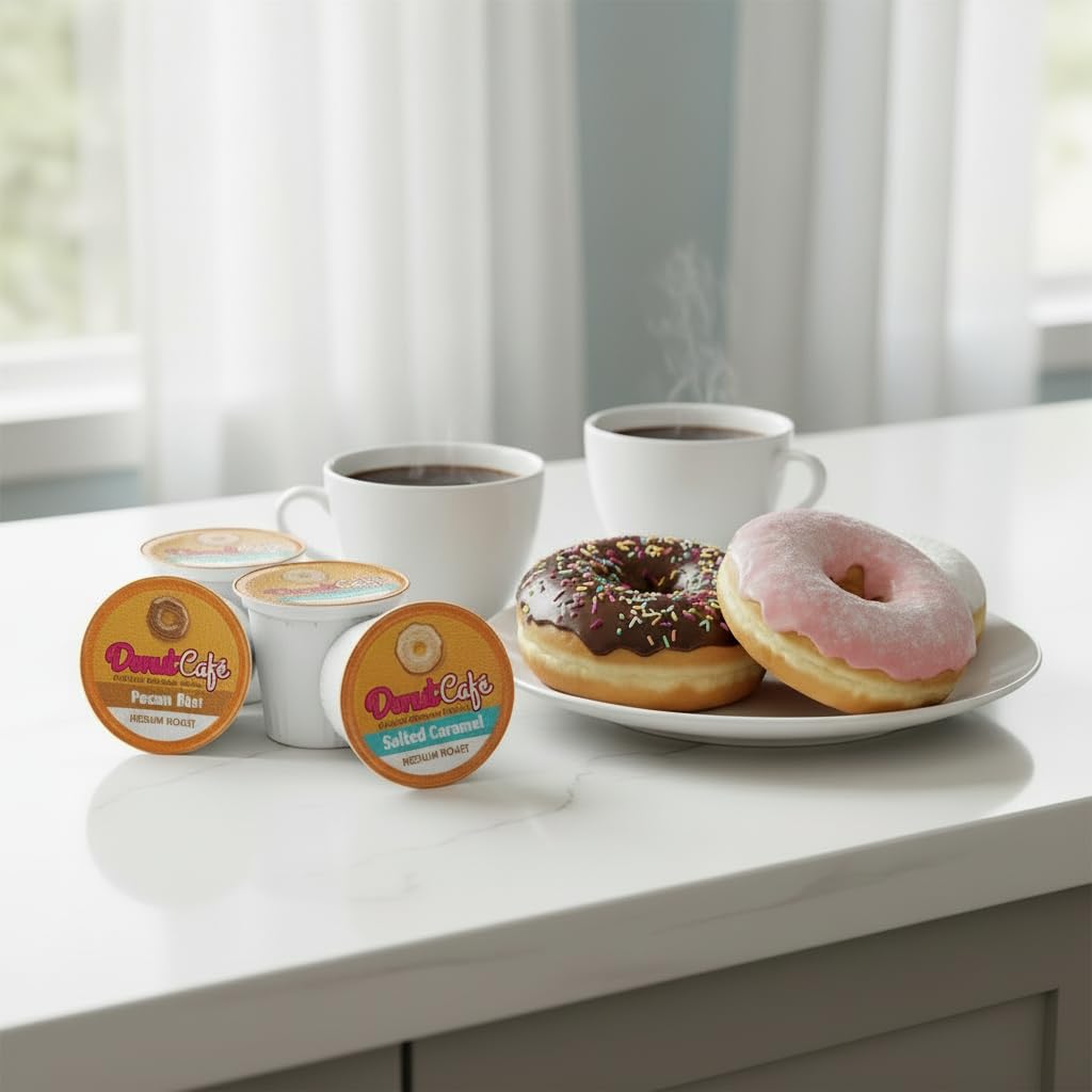Donut Café 80 capsule di caffè tostato medio per birra Keurig K Cup, 20 ciascuna: torta di noci pecan, briciole di cocco, caramello salato, nocciole tostate, confezione assortita aromatizzata