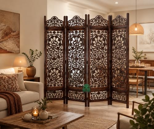 Image of Wooden Room Divider 6 Feet, 4-Panel Folding Wooden Partition for Living Room, Office, Pooja Room, Restaurant, Kitchen & Balcony (2W x 1.82H Meters). (Dark Brown)