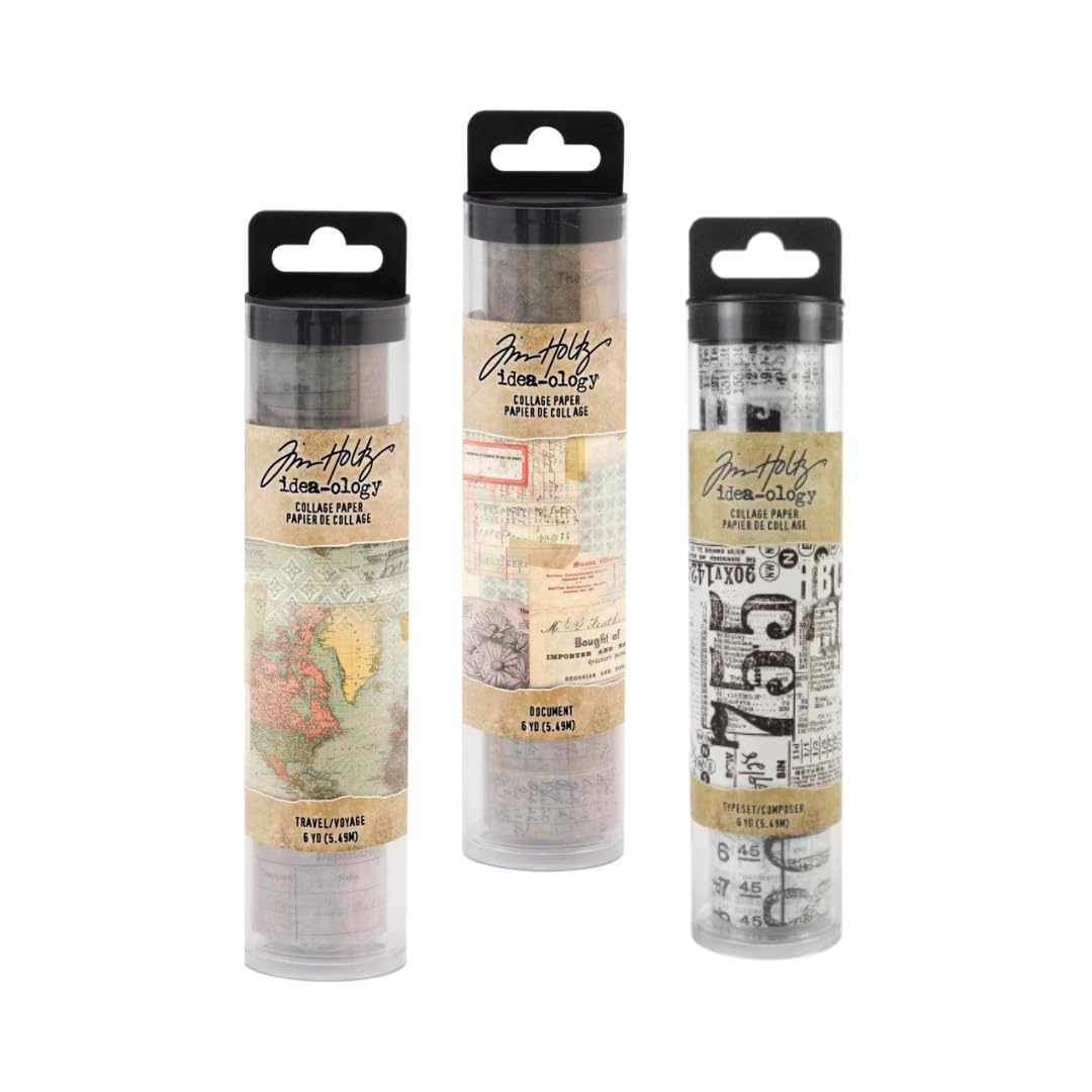 HubshopTim Holtz Idea-Ology Collage Paper Rolls - Document, Travel and Typeset - Bundle of Three Rolls