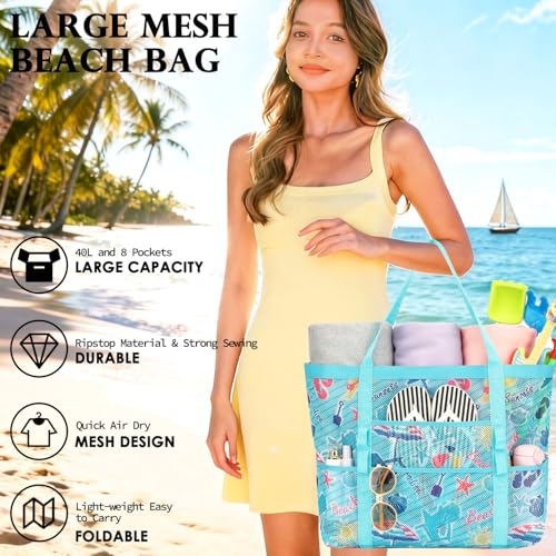 Image of Fammart Mesh Beach Bag for Women, Large Beach Toy Pool Bag with Zipper Pocket, SandProof Cruise Essentials 2026 Family Travel