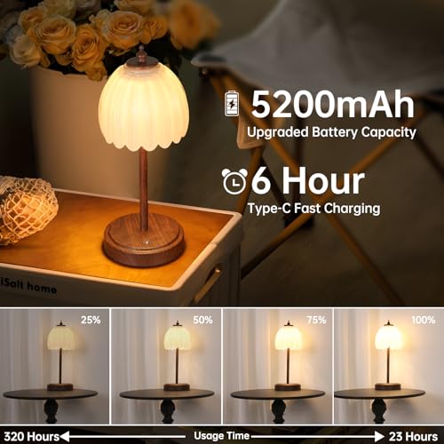 Image of Shenmoyl Tulip Table Lamp with 5200mAh Battery & Touch Control, Small Cordless Table Lamp with 3 Colors, Rechargeable Battery Operated Table Lamps for Bedroom, Desk, Bedside (White-Walnut Color)