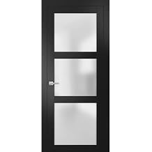 SARTODOORS Solid French Door Frosted Glass 32 x 80 inches | Lucia 2552 Matte Black | Single Regular Panel Frame Trims Handle | Bathroom Bedroom Sturdy Doors