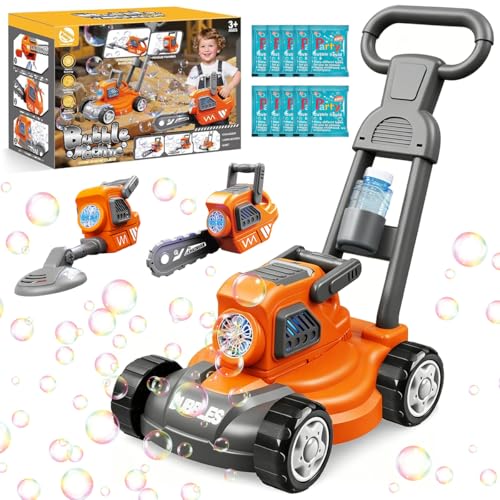 Rasenmäher Seifenblasenmaschine Kinder 3 in 1 Seifenblasen Maschine - Spielzeug Rasentrimmer/Laubbläser/Heckenschere Rasenmäher Seifenblasen mit Geräusch Geburtstag Weihnachten Geschenke für Vo