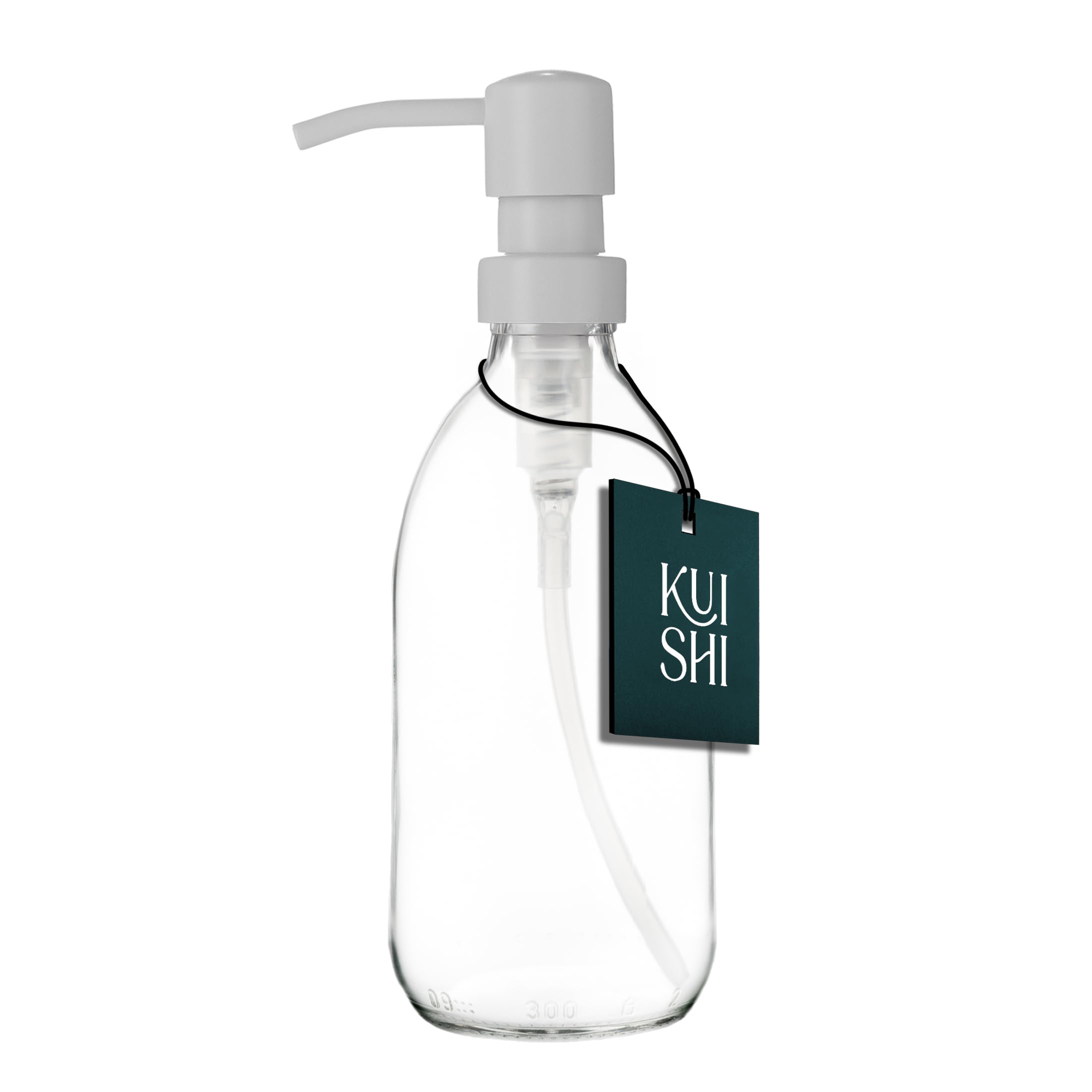 Kuishi 300ml Glass Soap Dispenser with White Stainless Steel Pump - Refillable BPA-Free Hand Soap Dispenser for Kitchen & Bathroom, Clear