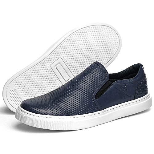 Sapatenis Iate Slip On Masculino Couro Furadinho Cor:Azul;Tamanho:37