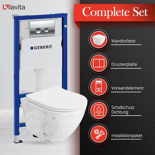 Lavita Duofix Basic Vorwandelement + Wand Tiefspül WC Sofi Slim Paper Spülrandlos + WC Sitz + Bedienplatte Delta 25 Verchromt Knopf Komplettset Unterputz Spülkasten Toilette Komplett Sett WC – Bild 4