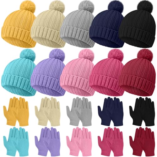 Image of JaGely Kids Beanie and Glove Set Winter Snow Warm Hat and Gloves Unisex Knit Hat with Pompom Full Fingers Ski for Boys Girls