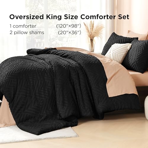 Image of Litanika Oversized King Comforter Set Black, 3 Pieces Tufted Boho Farmhouse Bedding Comforter Set, Lightweight Fluffy All Season Comforter Set (120x98In Comforter & 2 Pillowcases)