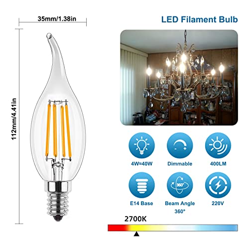ProCrus E14 LED Dimmable Candle Light Bulb,4W LED Lights Bulb for Chandelier,Small Edison Screw Candelabra SES LED Bulb,2700K Warm White,Equivalent 40 Watt,400LM,Transparent,Pack of 10,Energy Class F - Image 2