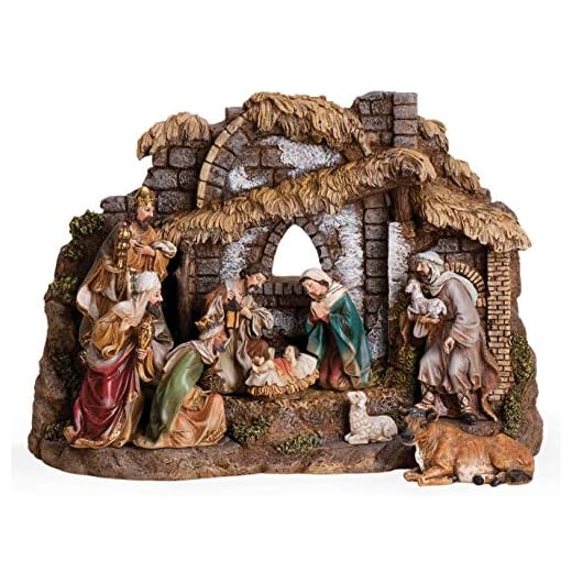 10 pièces : 27,9 cm Crèche de Noël avec échelle stable et 15,2 cm Ox, berger, mouton (romain 3593-0)