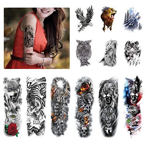 Leoars Full Sleeve Temporary Tattoos Animal Theme, Fake Tiger Lion Arm Tattoos Stickers