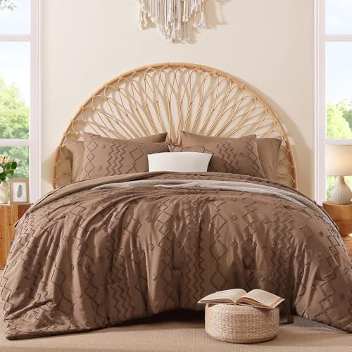 Image of AMBERSPACE King Size Comforter Set Brown, Tufted Geometric Boho Bedding Farmhouse Bed Set, All Season 7 Pieces Bed in a Bag with Sheets, Pillowcases & Shams