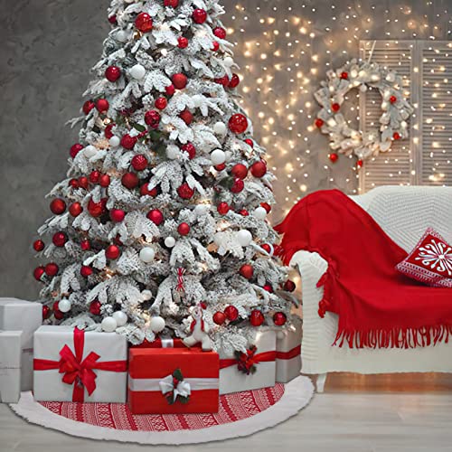 Garvee 48 inch Christmas Tree Skirt, Knitted Christmas Tree Skirt with Snowflakes, Rustic Xmas Tree Mat with Faux Fur Edge Winter Holiday Decoration