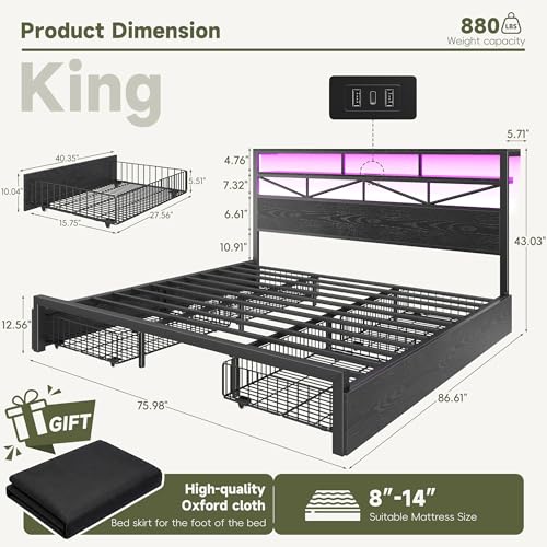 Image of Homkdom King Size Bed Frame with Large 4 Drawers, 2-Tier Shelf, LED Light and Charging Station, Heavy Duty Platform Bed with 880 lbs Capacity, Easy Assembly, Black
