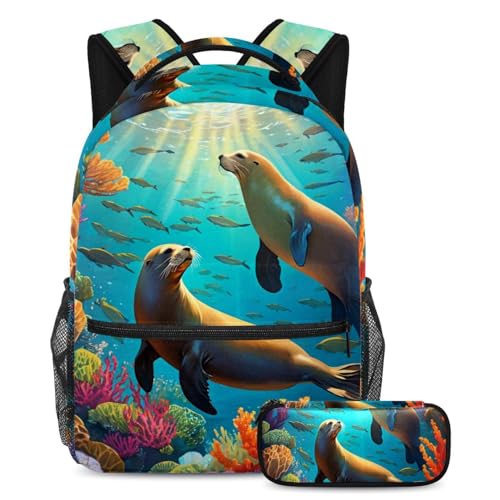 Sac à dos qualité supérieure multicolore avec trousse intégrée au motif de lion de mer