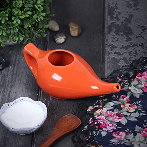 Image of Leak Proof Nozzle, Durable Ceramic Jal Neti Pot (220 ML) Non-Metallic and Lead-free Comfortable Grip | Microwave and Dishwasher Friendly 1 PCS Orange