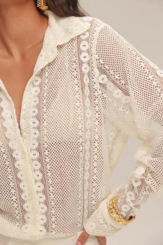 Women Long Sleeve Floral Lace Blouse Button Down Sheer Collared Shirt Embroidered Mesh Going Out Blouse Top