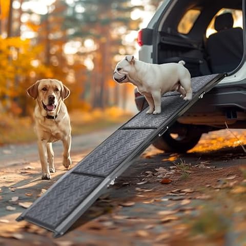 Moonflor Dog Ramp for Car 63" Long & 17.3" Wide Folding Portable Pet Ramp Dog Ramps for Large Dogs with Non-Slip Rug Surface Outdoor Dog Ramp Up to 250 LBS Pet Ramp for Large Dogs for SUV Car & Truck Cover