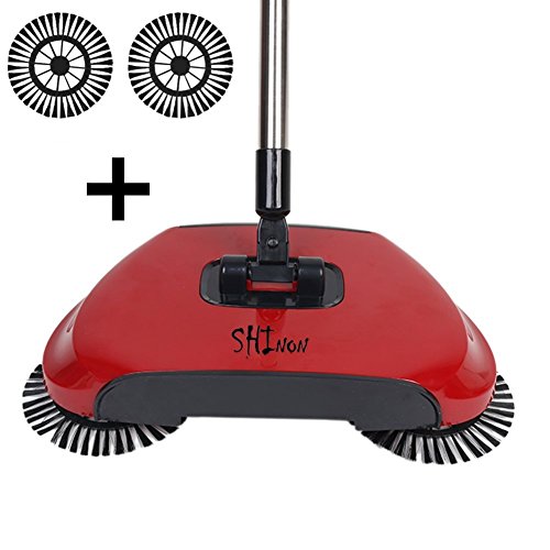SHINENGkeji 3 in 1 Household Lazy Automatic Hand Push Sweeper Broom 360 Degree Rotating Cleaning Machine Sweeping Tool Without Electricity Dustpan Trash Bin (Red)