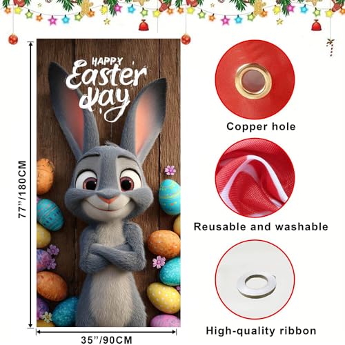 Image of Easter Door Cover Happy Easter Day Gray Bunny Door Banner Cute Easter Door Covers for Front Door Spring Easter Egg Door Decorations 35x71 Inch