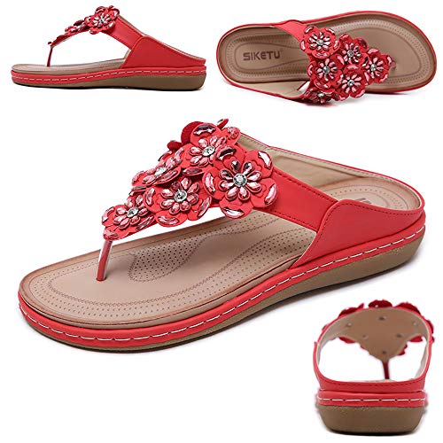 YXH Sandalias Planas con Punta Abierta para Mujer Sandalias con Plataforma Zapatillas de Chancleta con Clip de Verano Tangas Bohemia con Flecos de Playa con Diamantes de imitación de Playa,Red,35