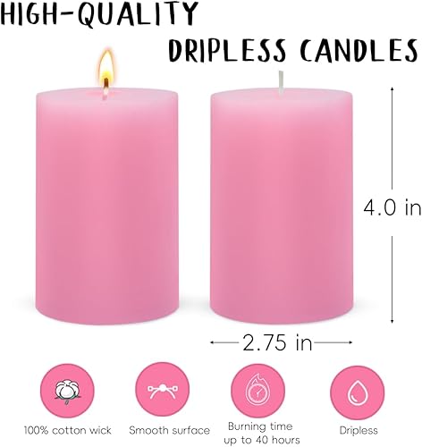 Miniatura 6 de Paquete de 6 velas de pilar rosas de 2.75 x 4 pulgadas, velas cilíndricas sin perfume de cera cilíndrica para mesa del hogar, vacaciones, fiesta,