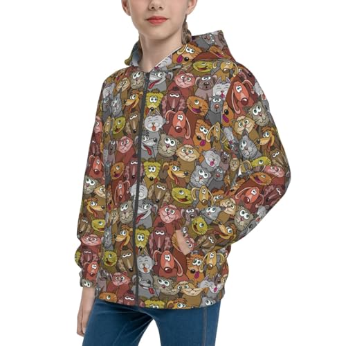 Kitten and Puppy Kids Pullover Hoodies Boys Zip Up Sweatshirts Girls Athletic Clothes with Pocket