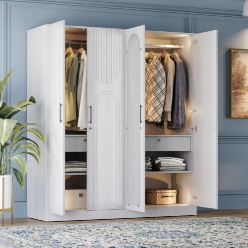 Image of Wakefit Tyrian Plus 4 Door with 4 Shelves 2 Drawers 2 Hanging Areas 1 Mirror SH3-Carcass: Frosty White,Shutter: White