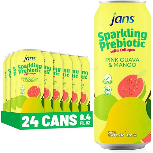 Image of Jans Sparkling Prebiotic with Collagen Soda Beverage - Pink Guava & Mango 8.4 Fl Oz (24-Pack) - Low Calorie, NO Added Sugar, Non-GMO Sparkling Fruit Beverage, Gut Health Support