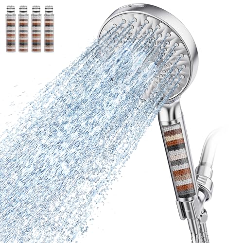 Filtered Shower Head with Handheld, High Pressure 9 Spray Mode Chrome Showerhead with 4 Filters, Detachable Shower Head, Water Softener Filters Beads for Hard Water - Remove Chlorine
