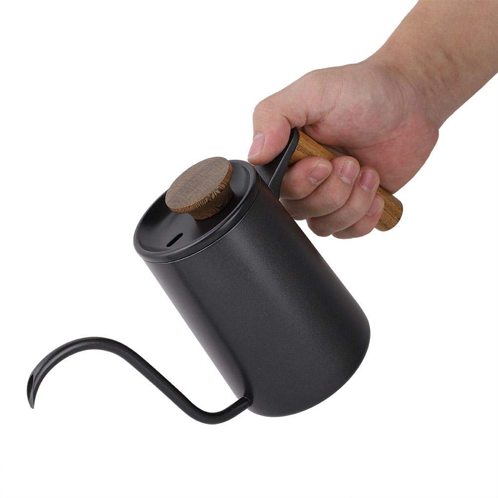 Fdit Caldera Larga del Canalón del Cuello de Cisne del Pote del Café del Goteo de la Manija del Acero Inoxidable de la Moda 600ml[Negro ]