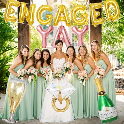 Image of Gold Engagement Party Decorations, Engaged Yay Balloons Letters Banner, Diamond Ring Green Champagne Bottle Balloon Glass Foil Balloon for Bachelorette Engagement Wedding Bridal Shower Party Supplies
