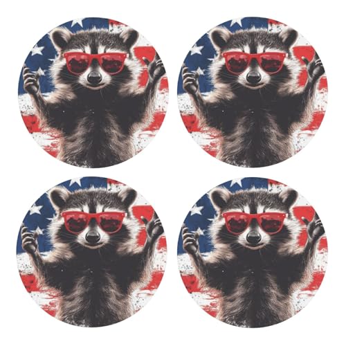 BoltPack Posavasos redondos con diseño de mapache con base de corcho, juego de 4 posavasos, alfombrilla de protección de mesa para tazas y tazas